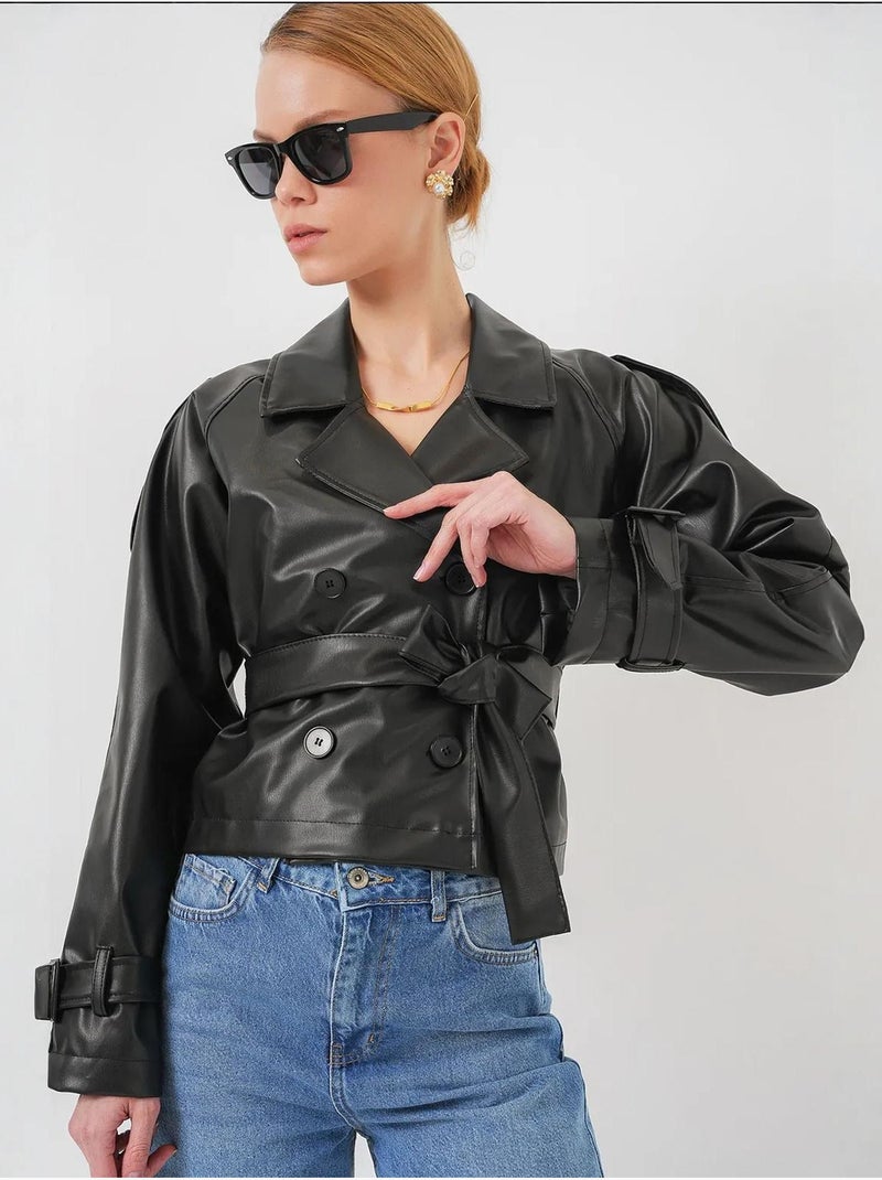 Blouson bomber oversize en similicuir avec détails en patch bdart Beige argile - Kiabi