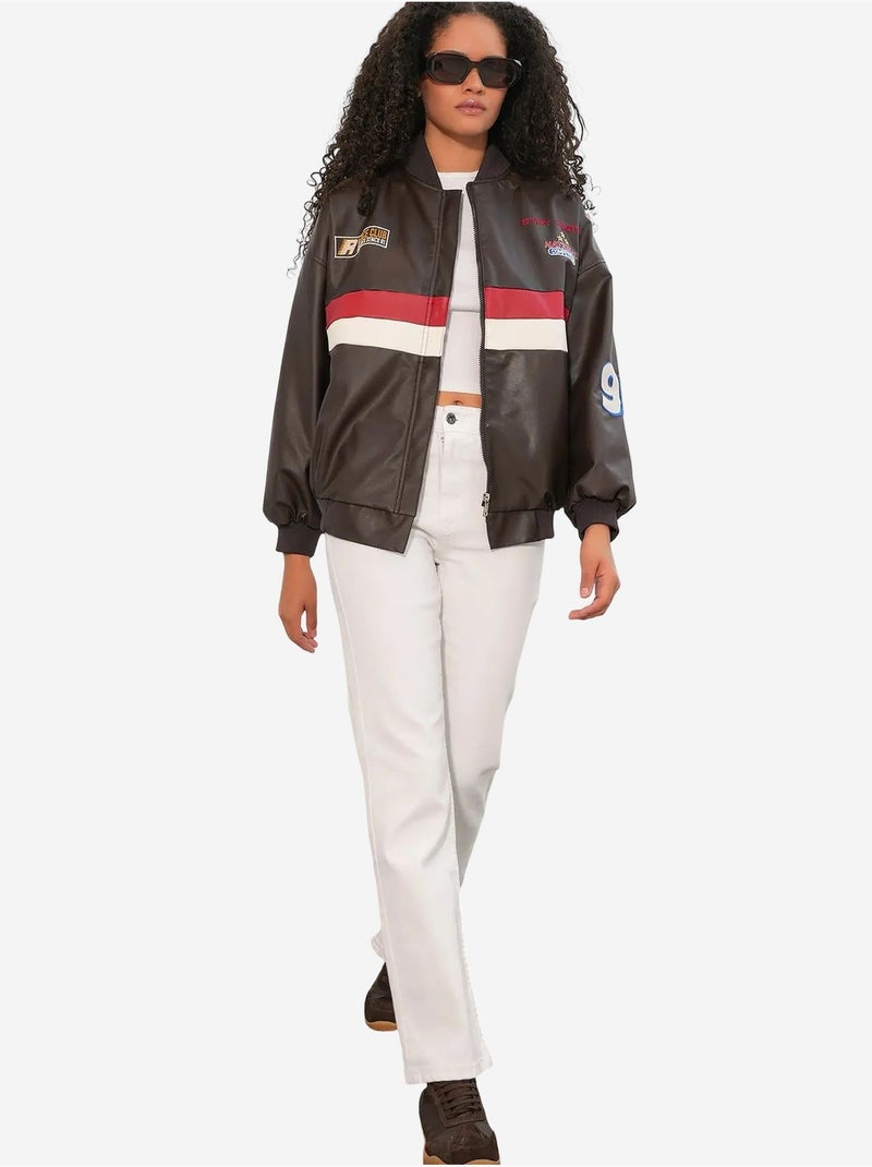 Blouson bomber oversize en similicuir avec détails en patch bdart Marron foncé - Kiabi