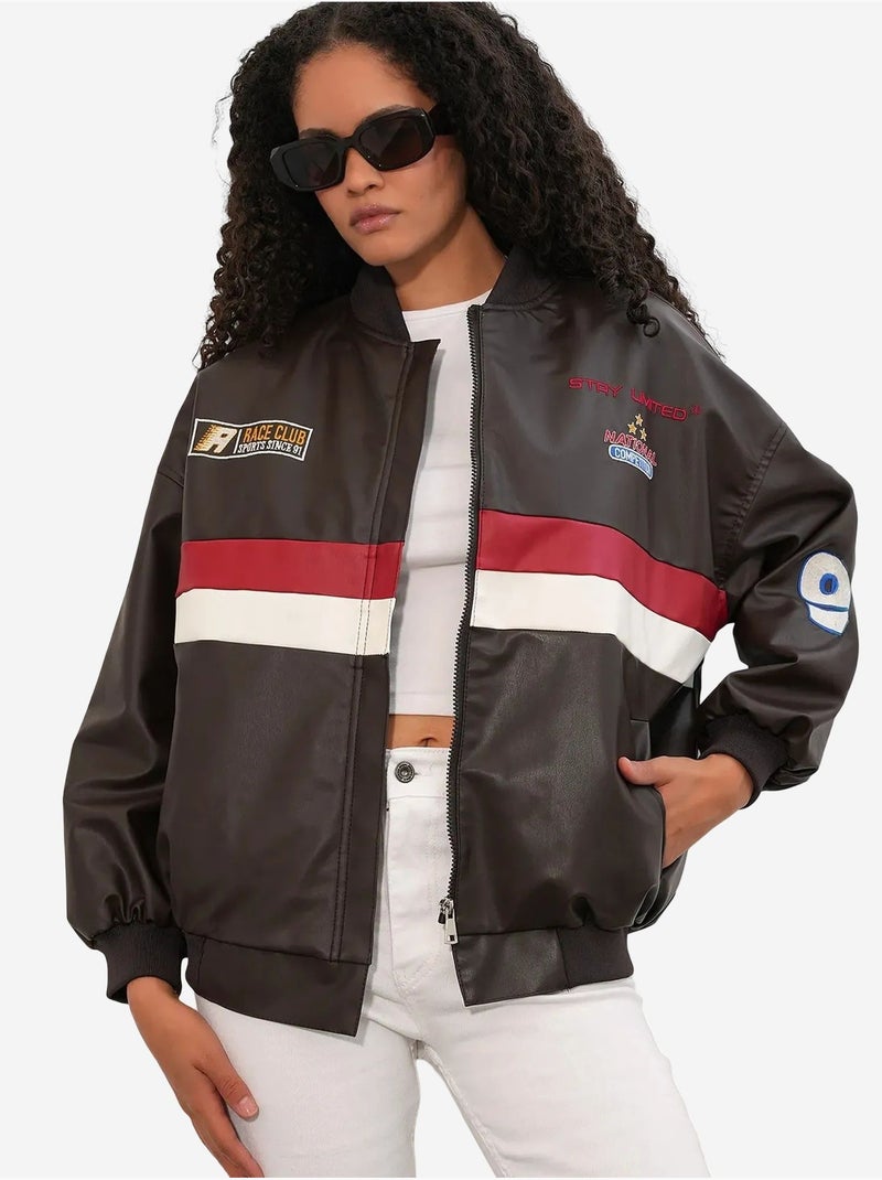Blouson bomber oversize en similicuir avec détails en patch bdart Marron foncé - Kiabi