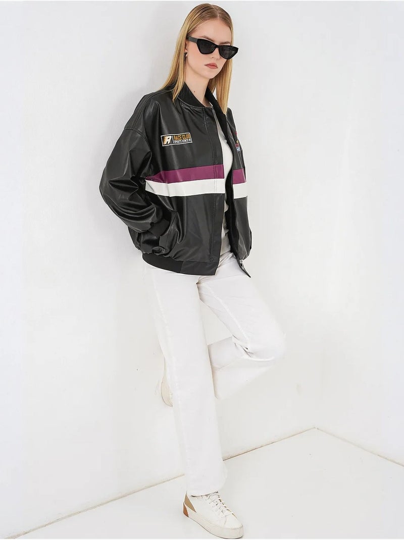 Blouson bomber oversize en similicuir avec détails en patch bdart Rose foncé - Kiabi