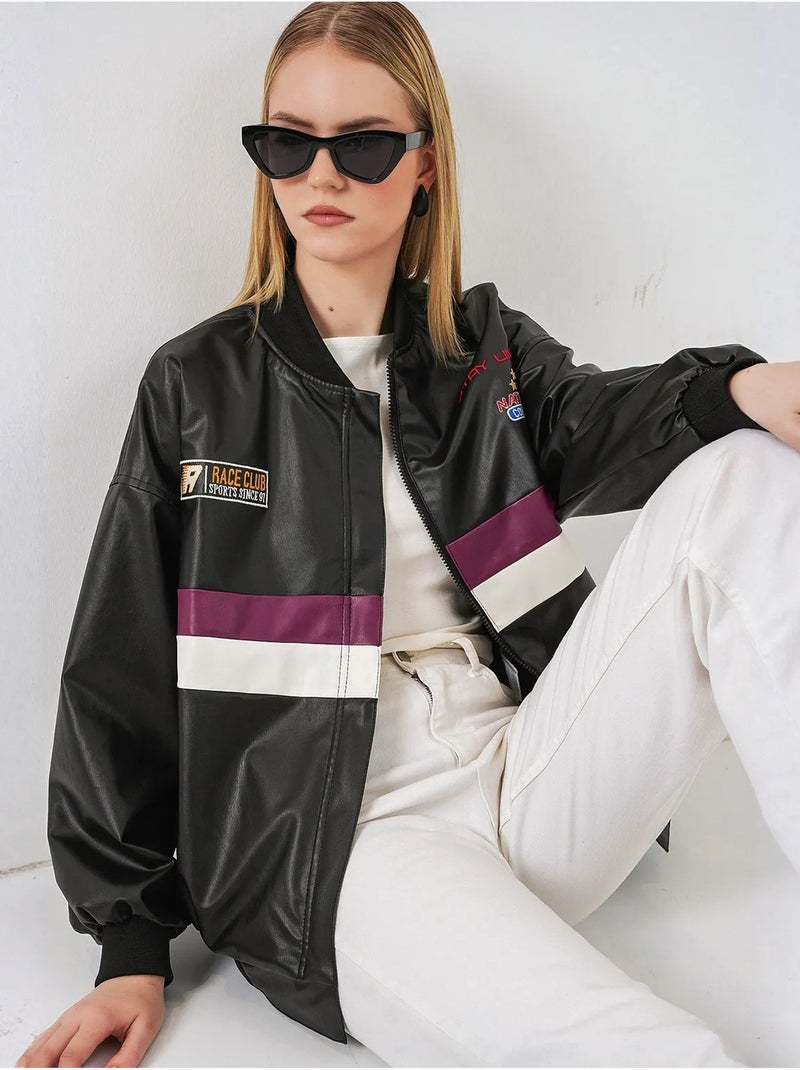 Blouson bomber oversize en similicuir avec détails en patch bdart Rose foncé - Kiabi