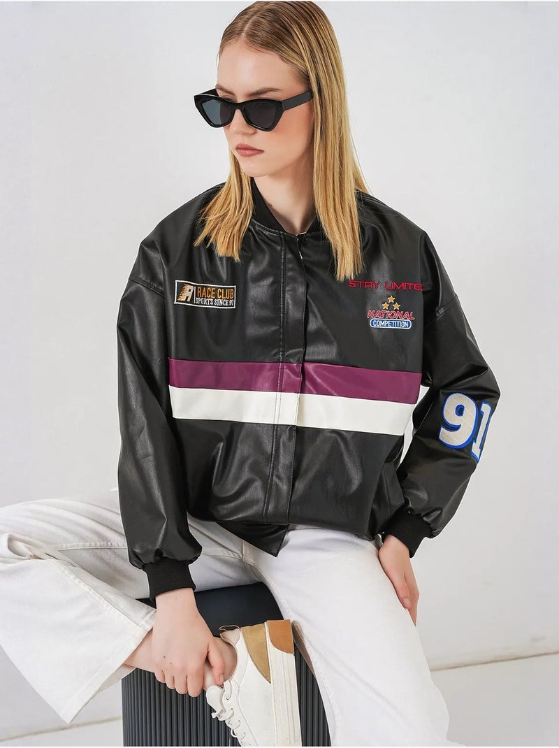Blouson bomber oversize en similicuir avec détails en patch bdart Rose foncé - Kiabi
