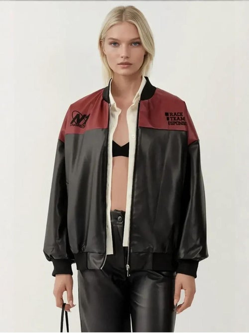 Blouson bomber oversize en similicuir avec détails en patch bdart - Kiabi Blouson bomber oversize en similicuir avec détails en patch bdart - Kiabi