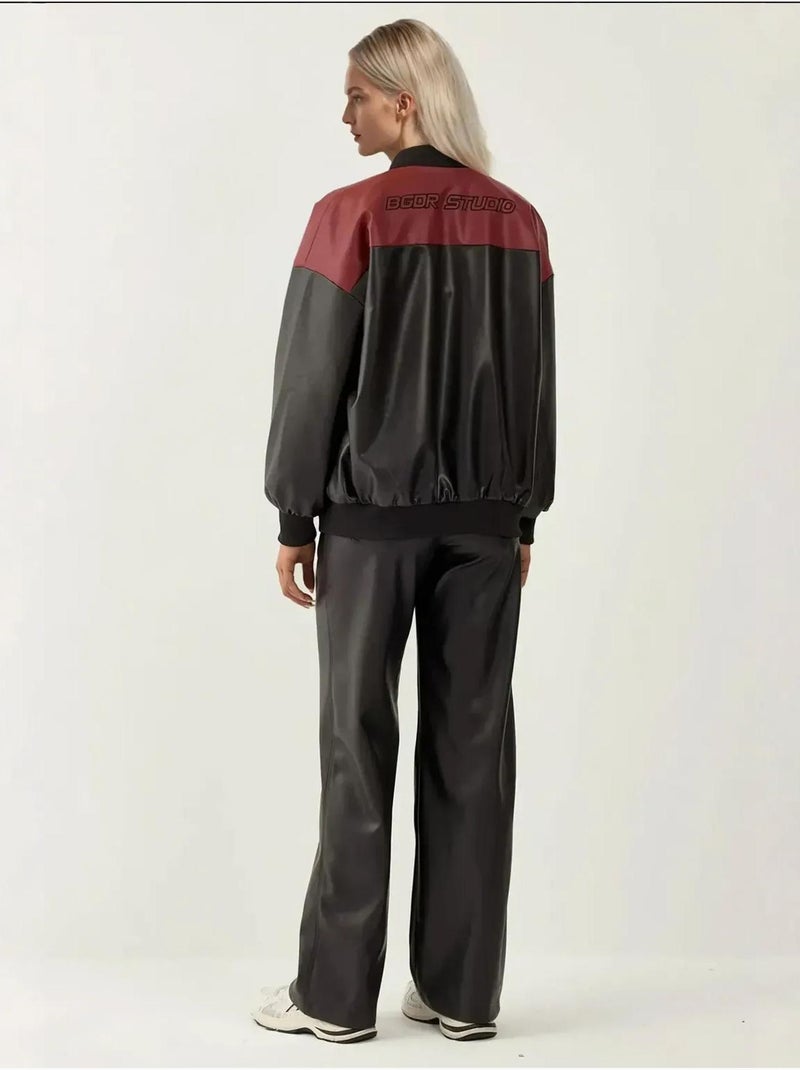 Blouson bomber oversize en similicuir avec détails en patch bdart Rouge bordeaux - Kiabi