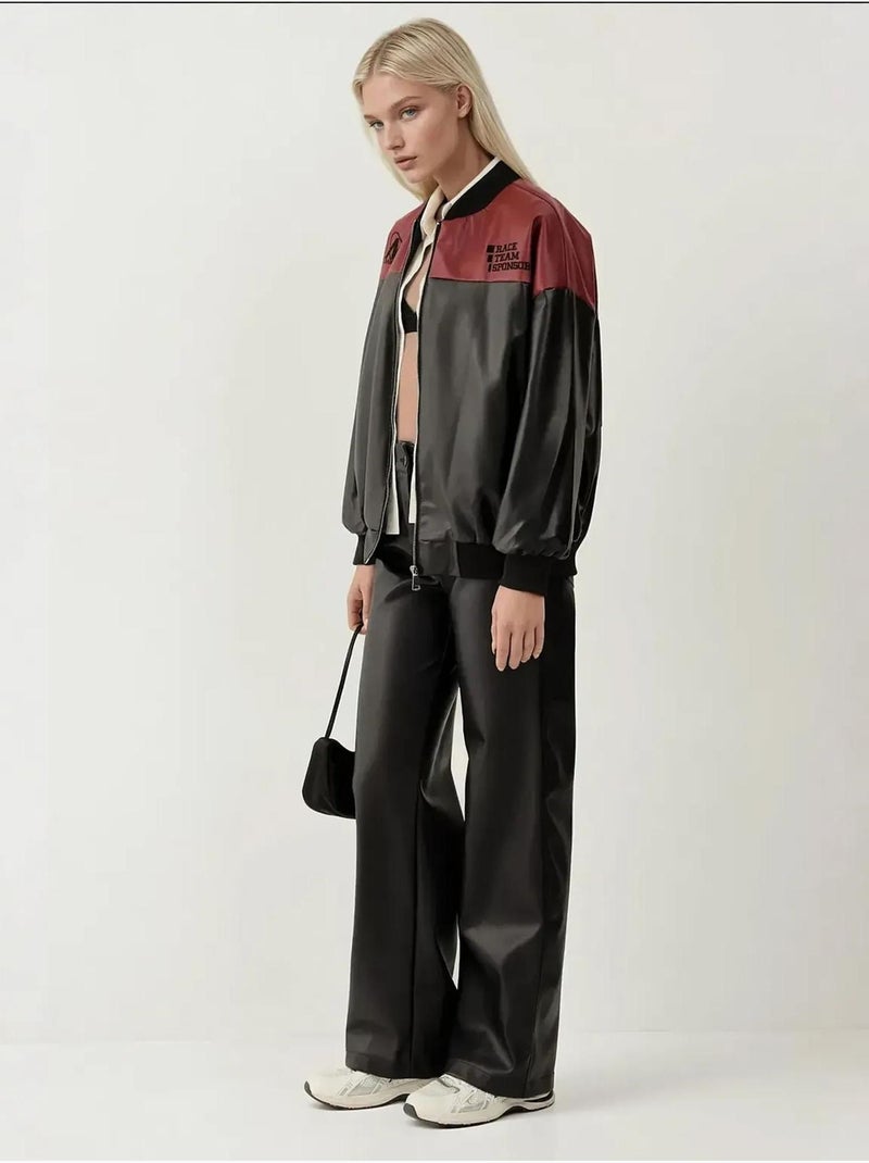 Blouson bomber oversize en similicuir avec détails en patch bdart Rouge bordeaux - Kiabi