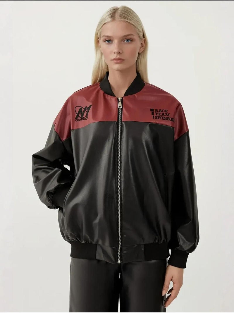 Blouson bomber oversize en similicuir avec détails en patch bdart Rouge bordeaux - Kiabi