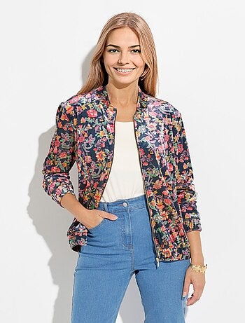 Blouson bombers zippé velours ras fleuri