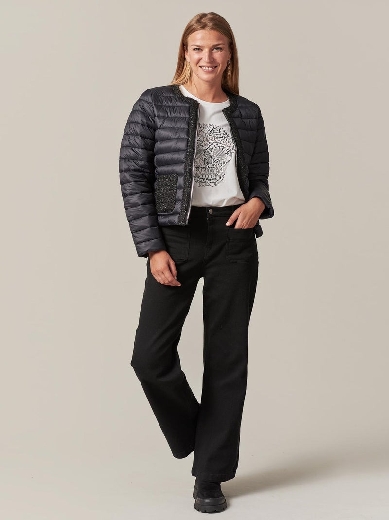 Blouson court à col rond bi-matière pour femme 'Deeluxe' Noir - Kiabi