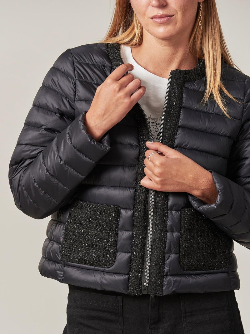 Blouson court à col rond bi-matière pour femme 'Deeluxe' Noir - Kiabi