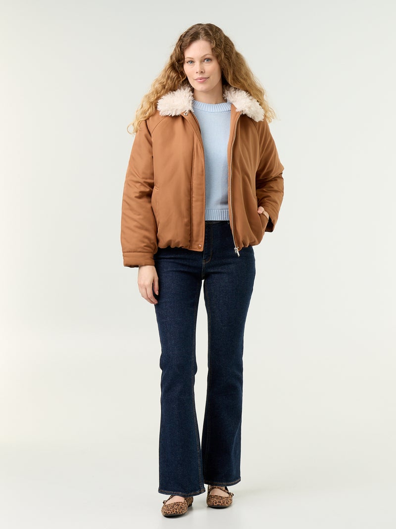 Blouson court avec col effet moutonné Marron - Kiabi