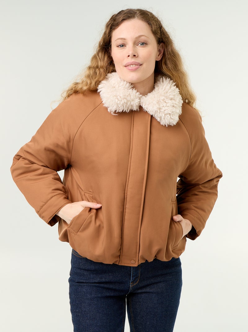 Blouson court avec col effet moutonné Marron - Kiabi