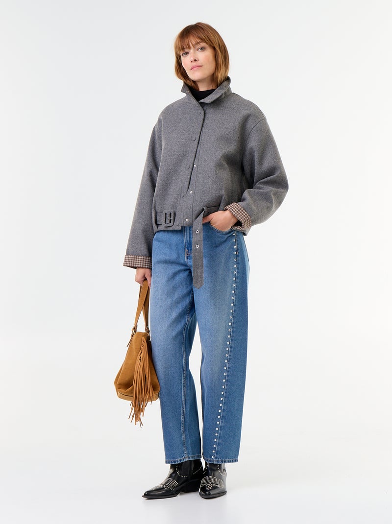 Blouson court effet lainage avec ceinture intégrée Gris - Kiabi