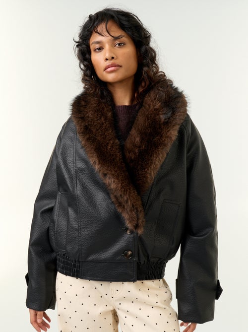 Blouson court en faux cuir avec col en fausse fourrure amovible - Kiabi