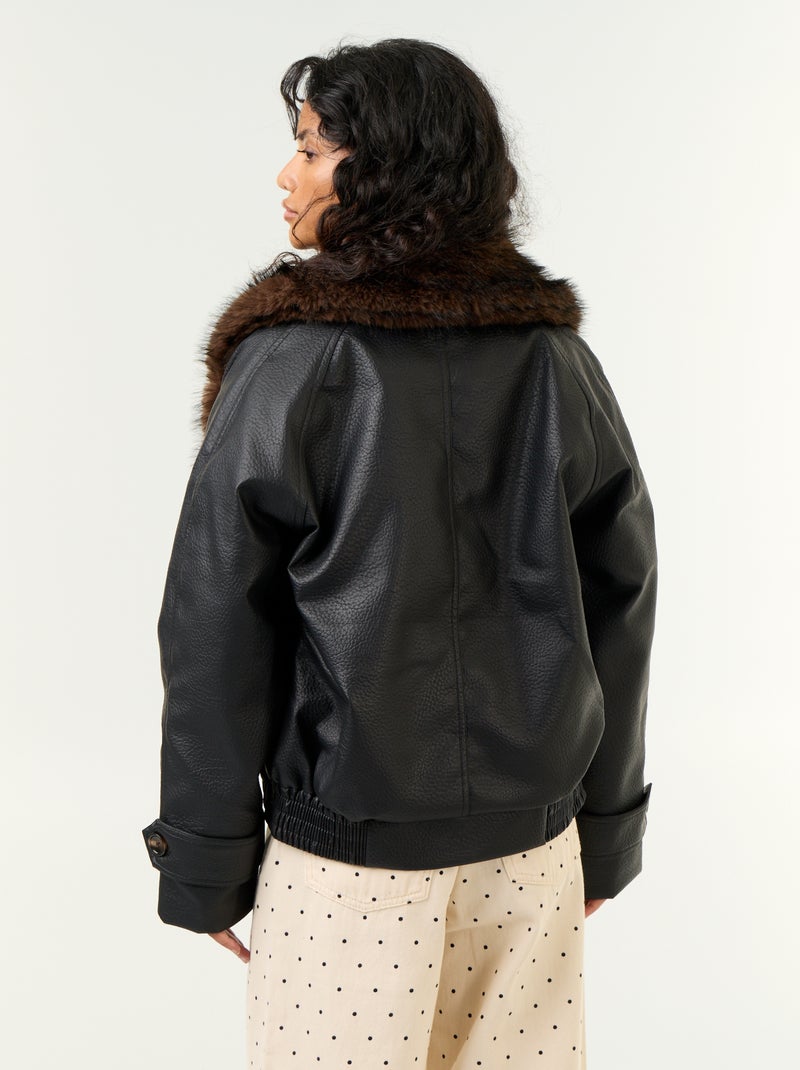 Blouson court en faux cuir avec col en fausse fourrure amovible Noir - Kiabi