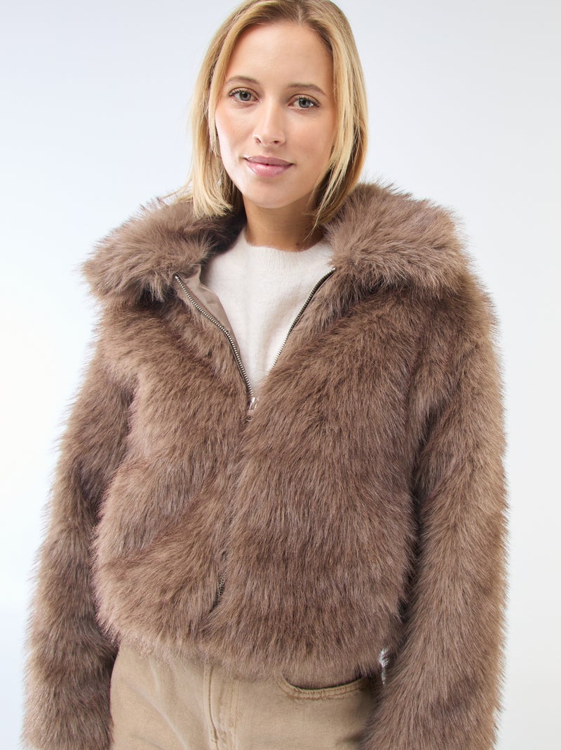 Blouson court imitation fourrure Marron - Kiabi