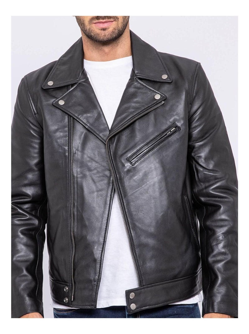 Blouson cuir motard BERTO Noir - Kiabi