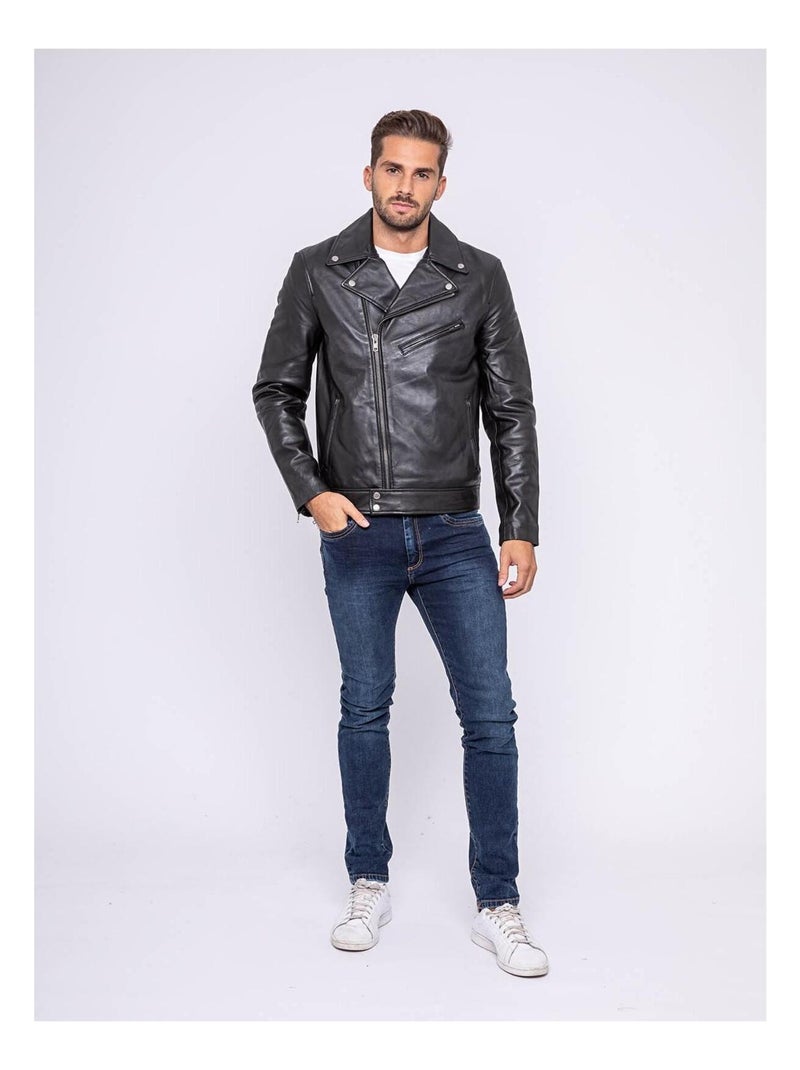 Blouson cuir motard BERTO Noir - Kiabi