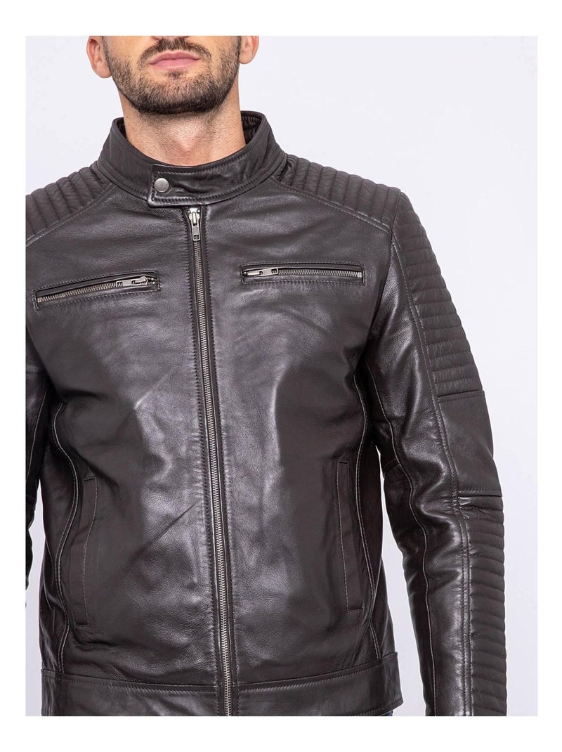 Blouson cuir motard BIKERO Marron - Kiabi