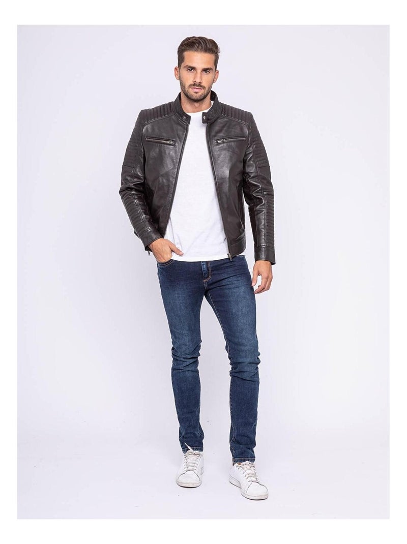 Blouson cuir motard BIKERO Marron - Kiabi