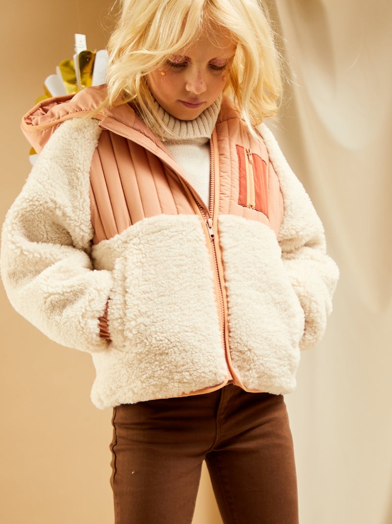 Blouson effet moutonné avec capuche écru/rose - Kiabi