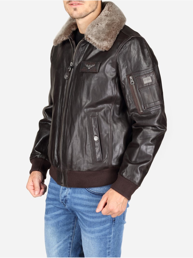Blouson en cuir col fourré - redskins Marron foncé - Kiabi