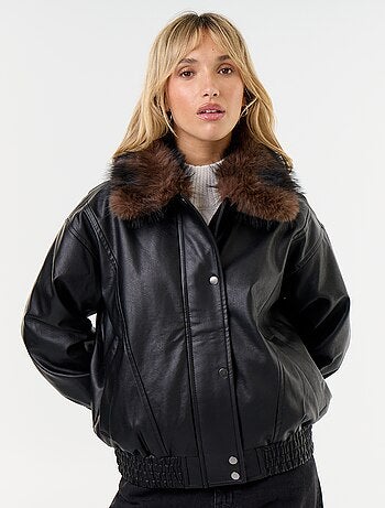 Blouson en faux cuir oversize avec col en fourrure amovible