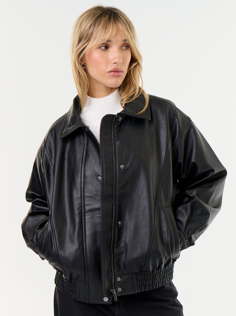 Blouson en faux cuir oversize avec col en fourrure amovible Noir - Kiabi