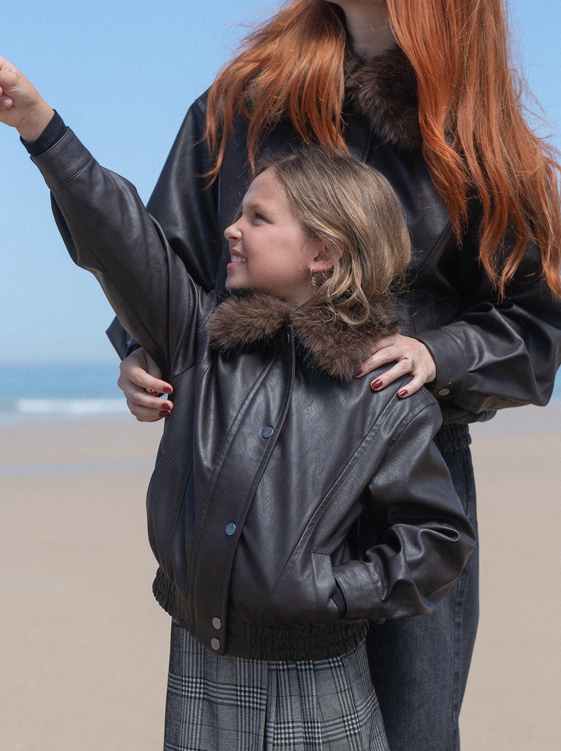 Blouson en simili avec col amovible en fourrure Noir - Kiabi