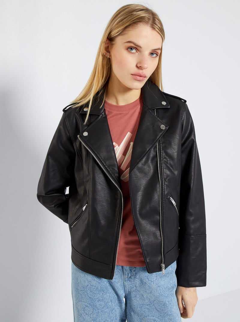 Blouson en simili uni noir - Kiabi