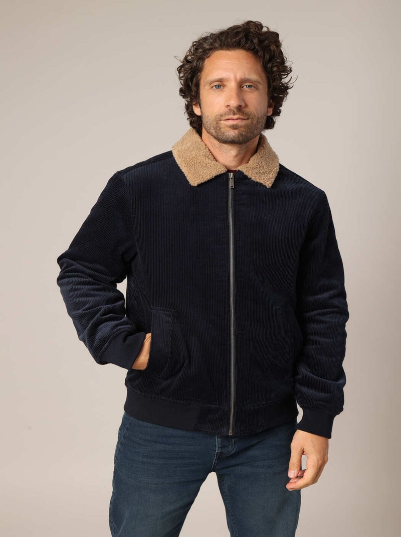 Blouson en velours côtelé 100% coton, col sherpa contrastant 'Deeluxe' Bleu marine - Kiabi