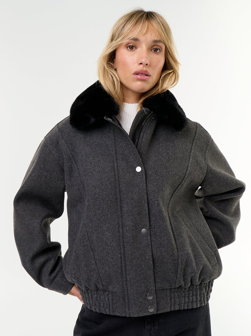 Blouson esprit lainage oversize avec col en fourrure amovible Gris - Kiabi