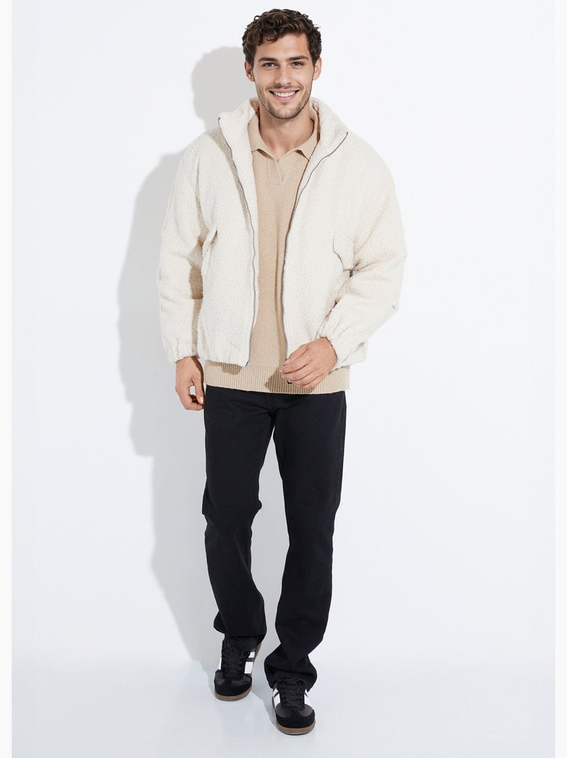 Blouson façon peau lainée, col montant - AFIBEL Beige - Kiabi