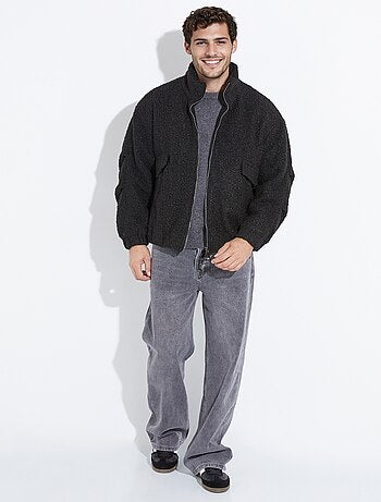 Blouson façon peau lainée, col montant