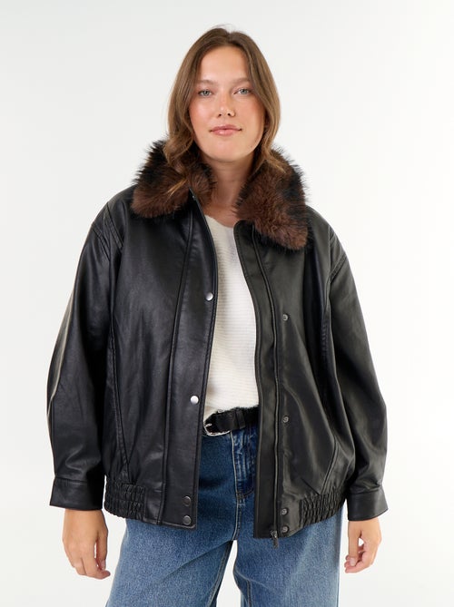 Blouson faux cuir oversize avec col en fausse fourrure amovible - Kiabi
