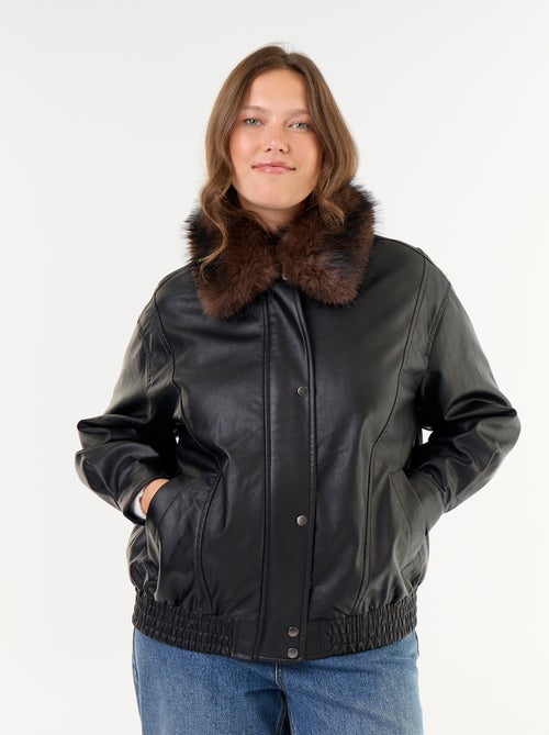 Blouson faux cuir oversize avec col en fausse fourrure amovible - Kiabi