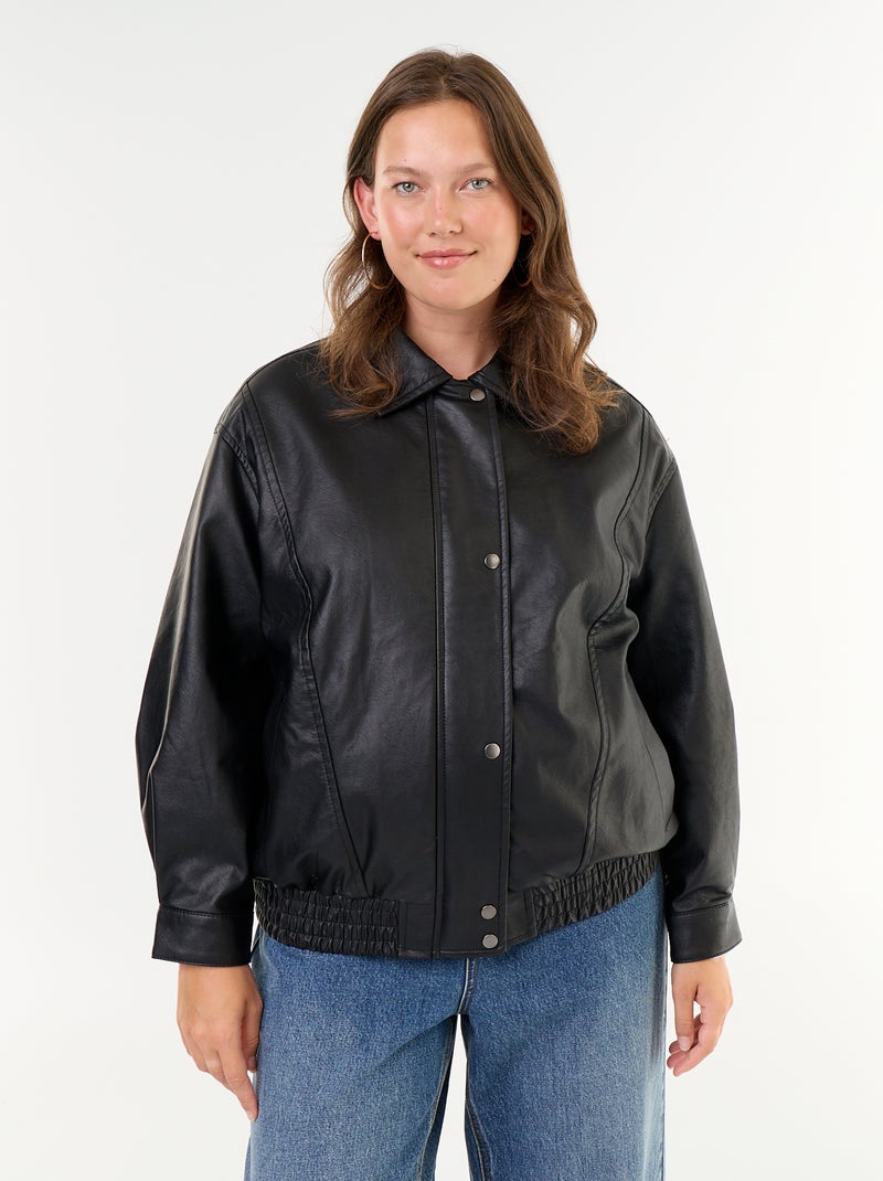 Blouson faux cuir oversize avec col en fausse fourrure amovible Noir - Kiabi