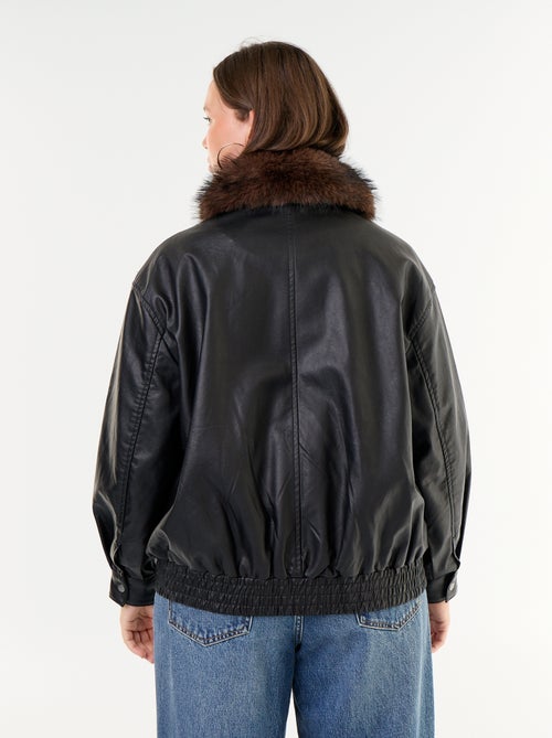 Blouson faux cuir oversize avec col en fausse fourrure amovible - Kiabi