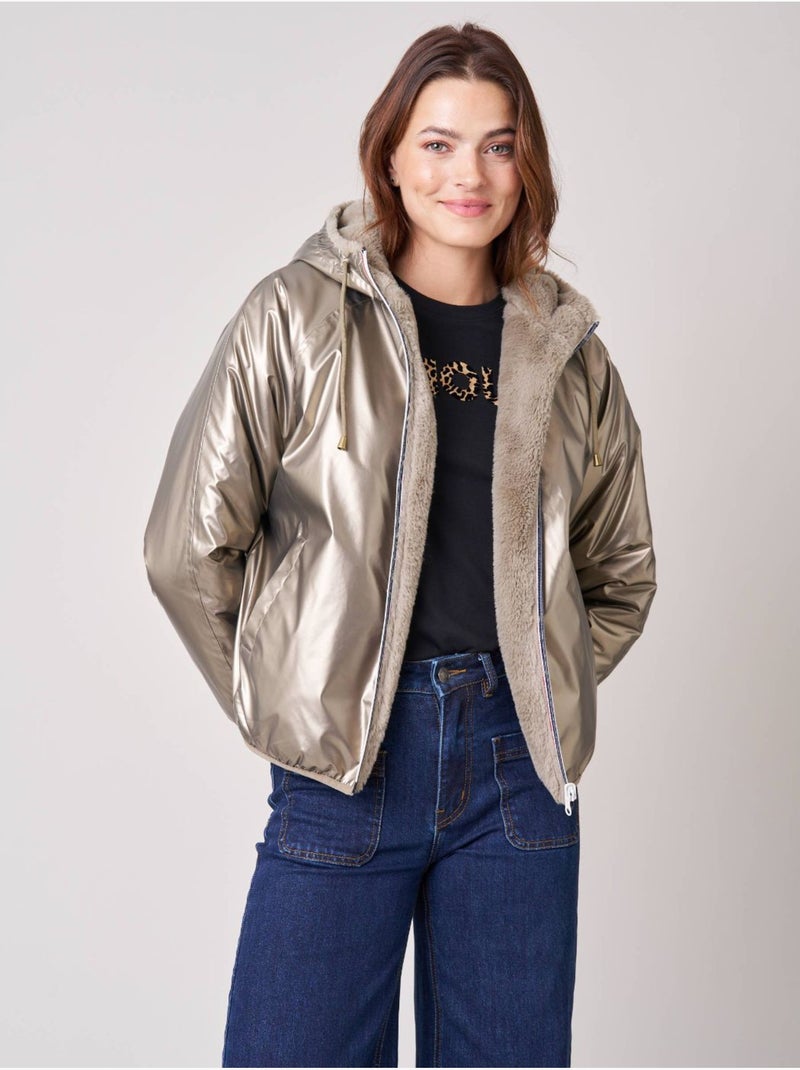 Blouson femme réversible bi-matière 'deeluxe' Gris taupe - Kiabi