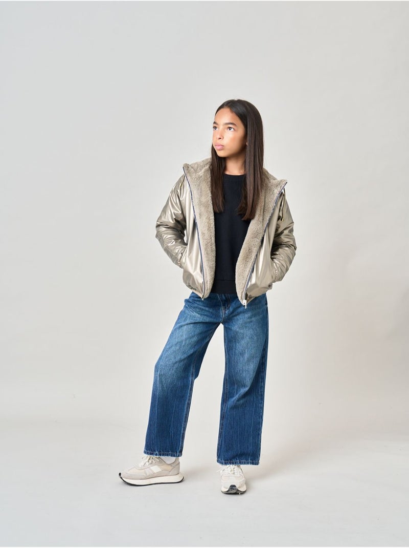 Blouson fille réversible bi-matière  'deeluxe' Gris taupe - Kiabi