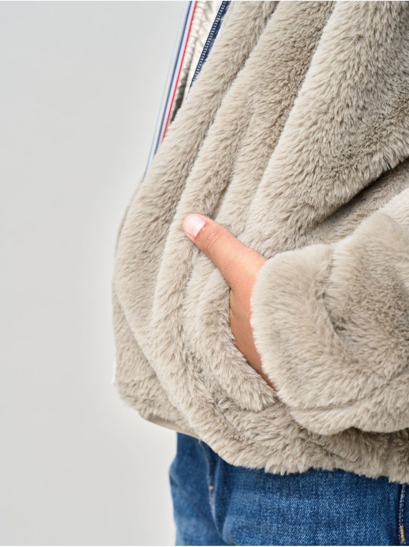 Blouson fille réversible bi-matière 'deeluxe' Gris taupe - Kiabi