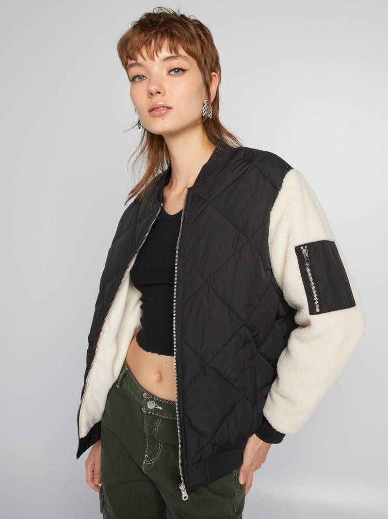 Blouson matelassé avec effet moutonné Noir/blanc - Kiabi