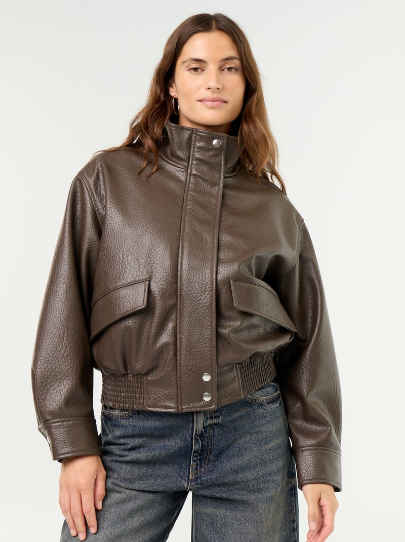 Blouson oversize en simili à col montant Marron - Kiabi