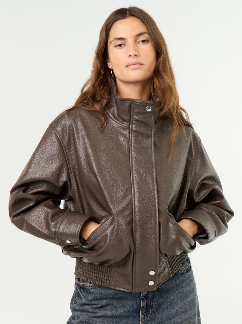 Blouson oversize en simili à col montant Marron - Kiabi