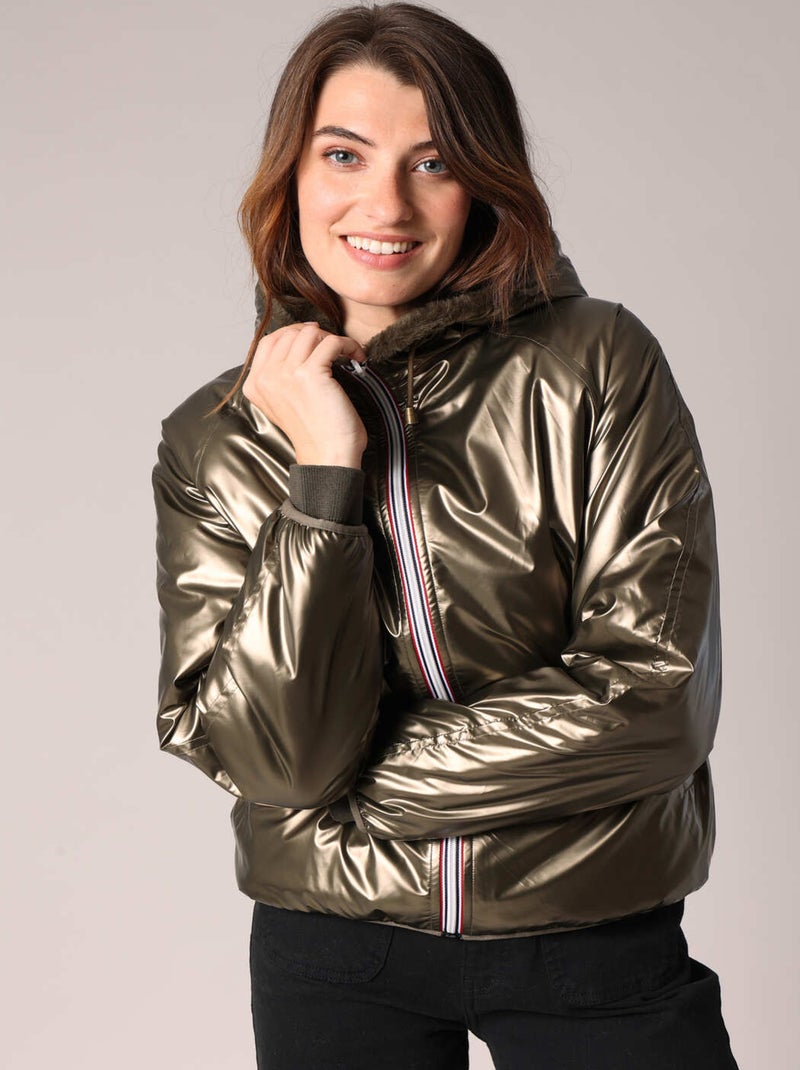 Blouson réversible métallisé imitation fourrure
 'Deeluxe' Kaki - Kiabi