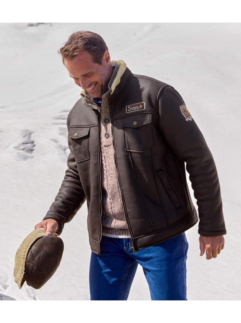 Blouson Suédine Doublé Sherpa Style Bombardier   - ATLAS FOR MEN Marron - Kiabi