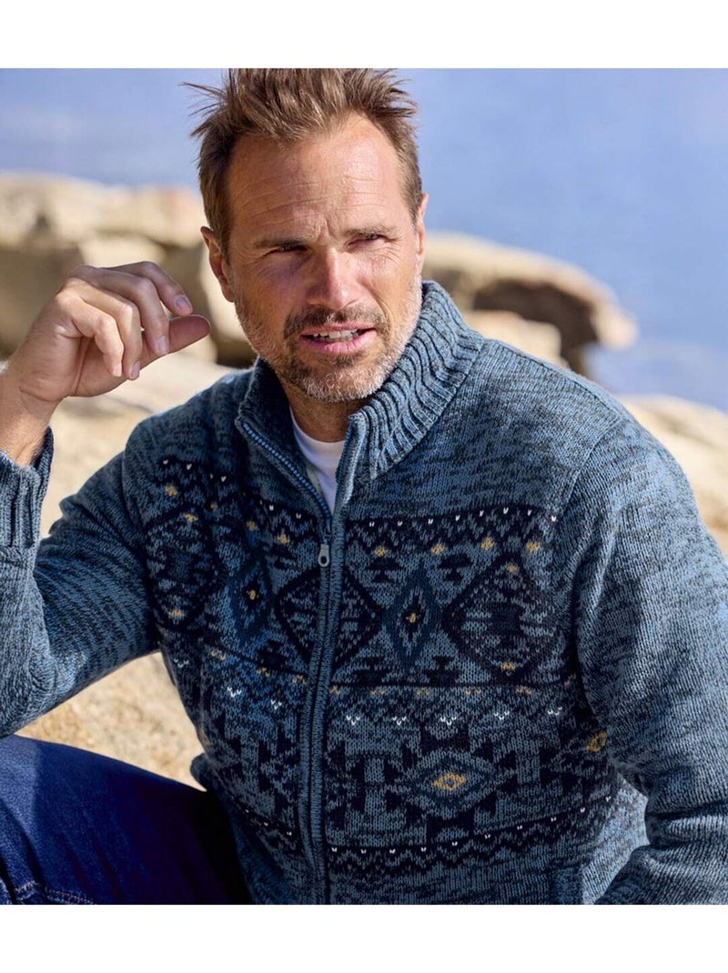 Blouson Tricot Jacquard Doublé Sherpa   - ATLAS FOR MEN Bleu - Kiabi