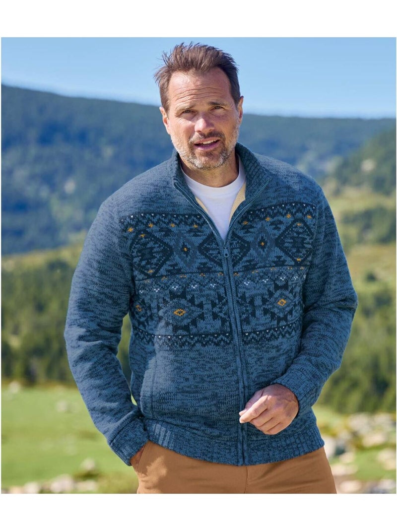 Blouson tricot jacquard doublé sherpa   - atlas for men Bleu - Kiabi