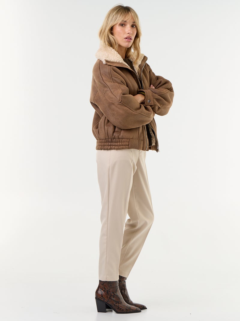 Blouson type peau lainée façon aviateur Marron - Kiabi