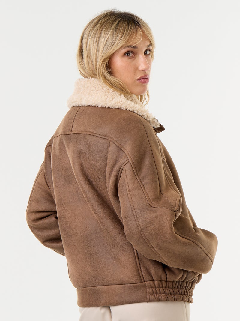 Blouson type peau lainée façon aviateur Marron - Kiabi