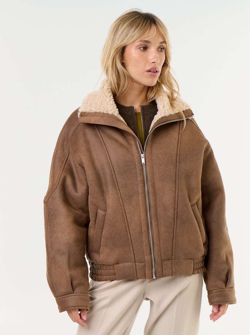 Blouson type peau lainée façon aviateur Marron - Kiabi